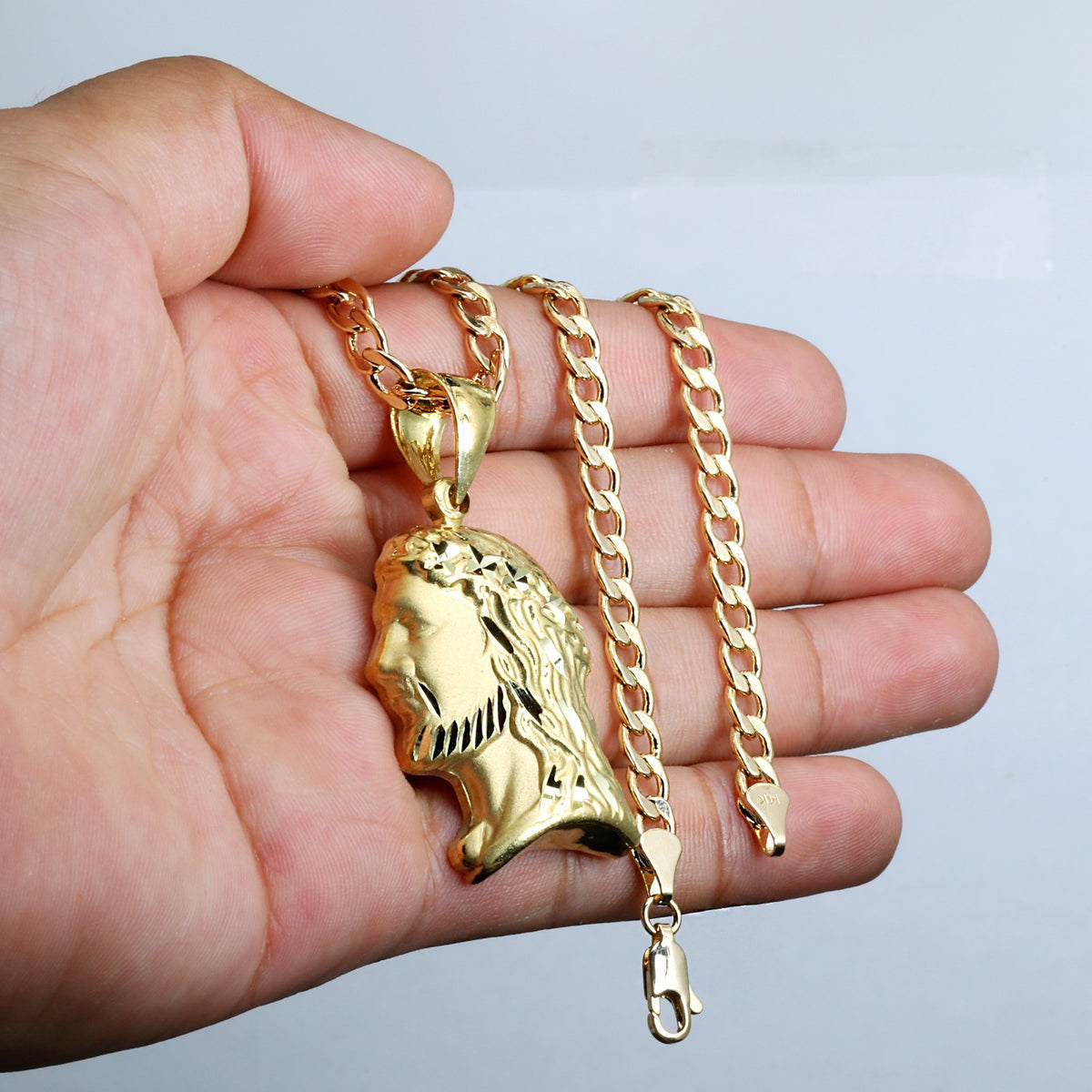 Curly Jesus Face 14k Gold Charm Pendant 20" Cuban Link Choker Chain 212