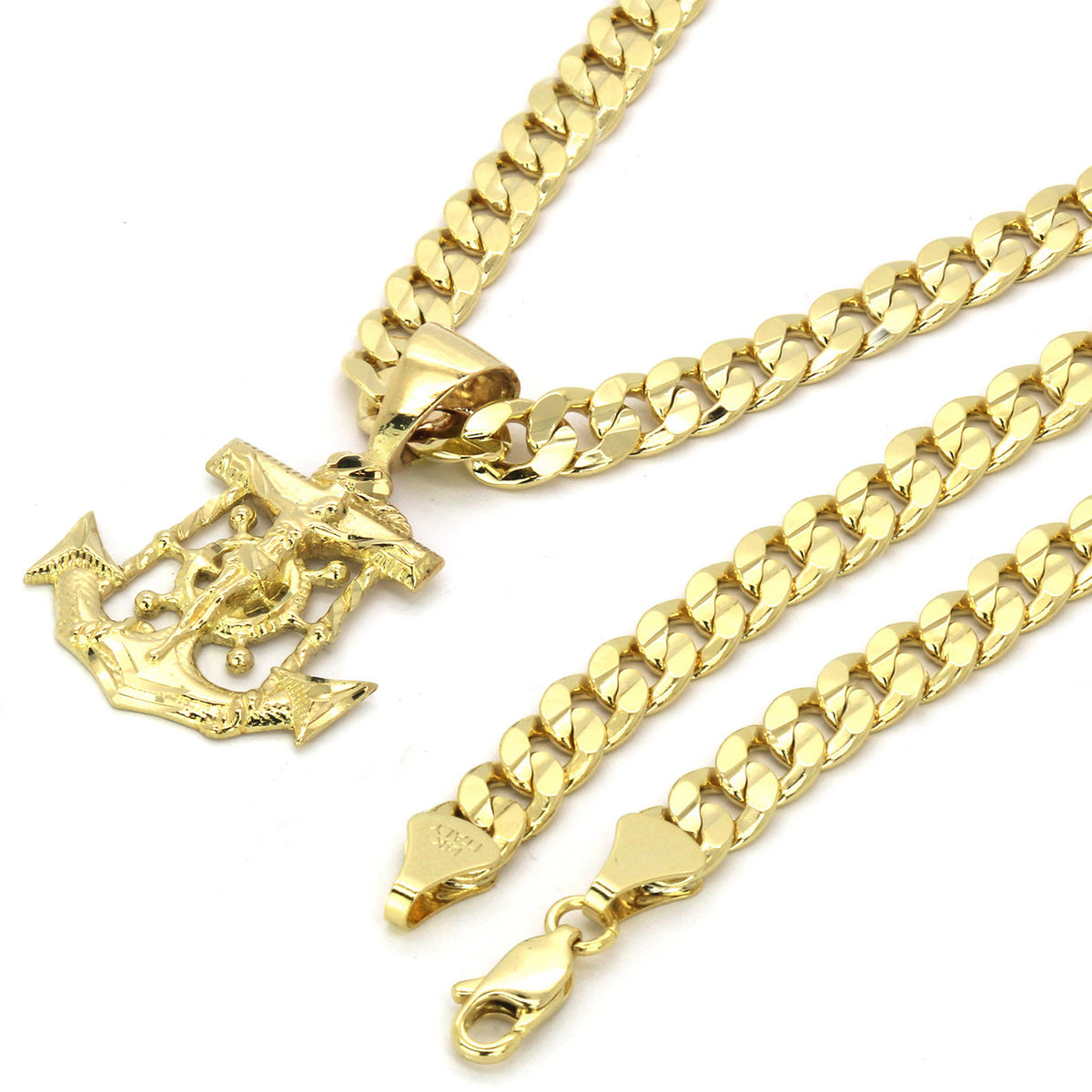 Men's 14k Gold Small Jesus Anchor Pendant 5mm 24" Cuban Necklace Chain