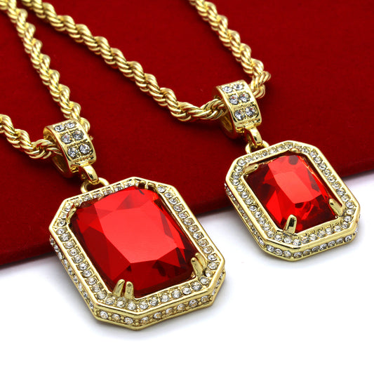Men's 14k Gold 2 Pieces Stone Set CZ 30" & 24" Rope Chains