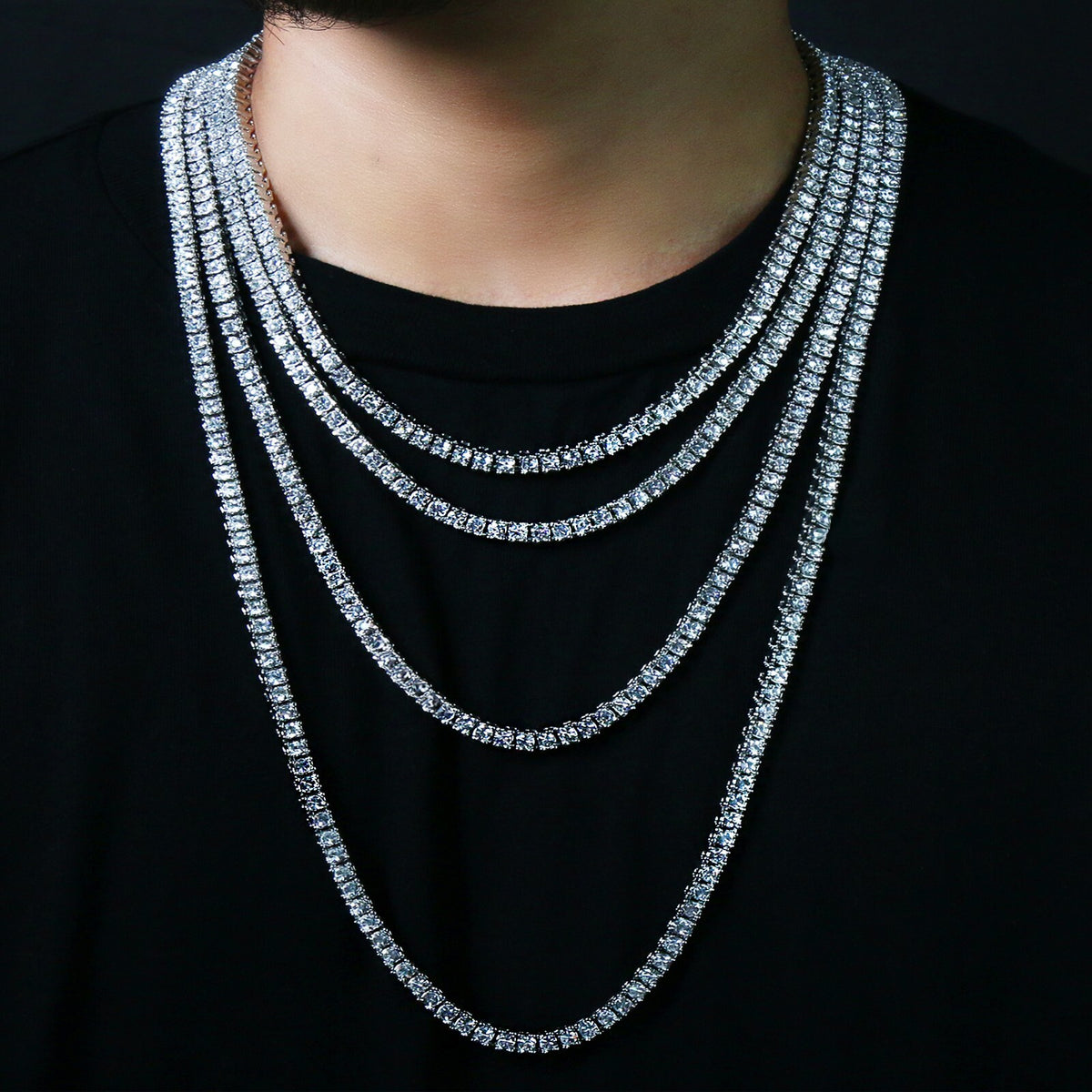 14k White Gold Ice CZ 1 Row Silver Chain Tennis Necklace