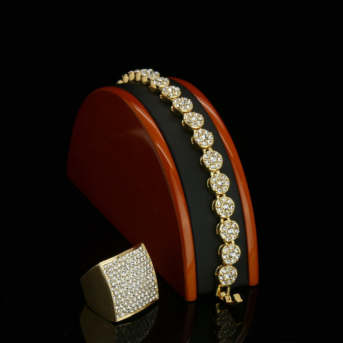 Men's Gold Iced CZ Round Flower Bracelet Huge Ring