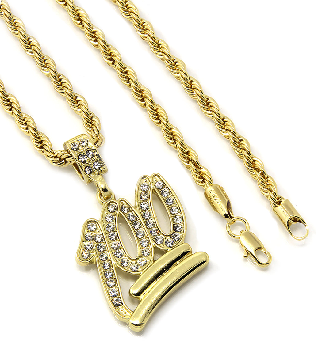 Men's 14k Gold Emoji 100 Pendant CZ 24" Rope Chain
