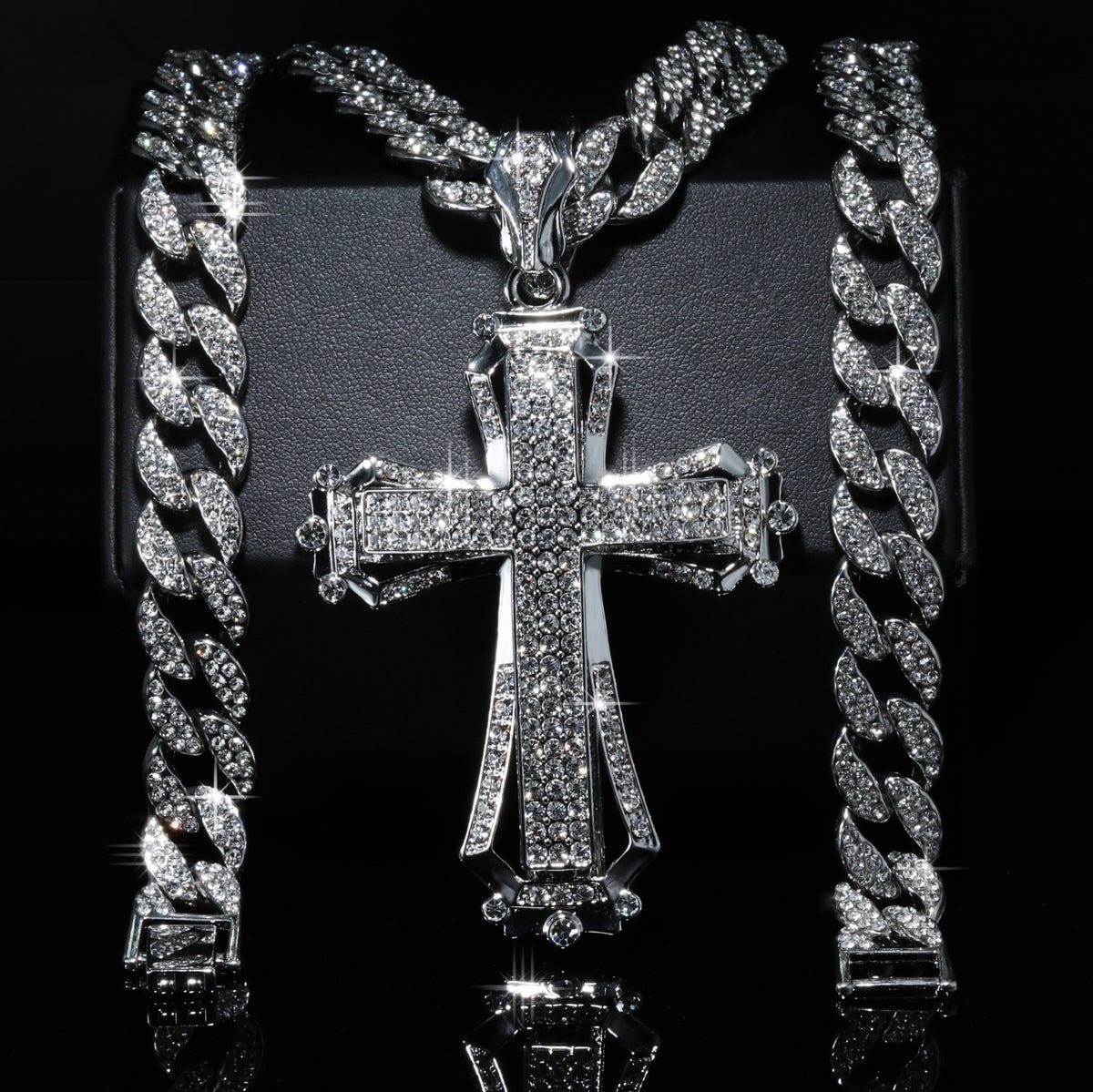 925 Silver Cuban Chain Diamond Stone Necklace & Hollow Cross Silver