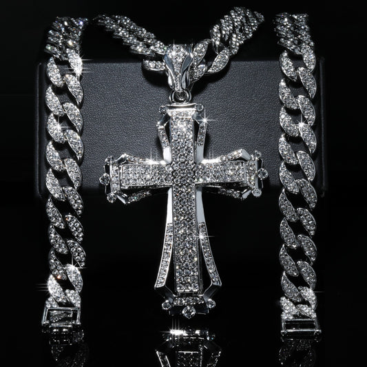 925 Silver Cuban Chain Diamond Stone Necklace & Hollow Cross Silver