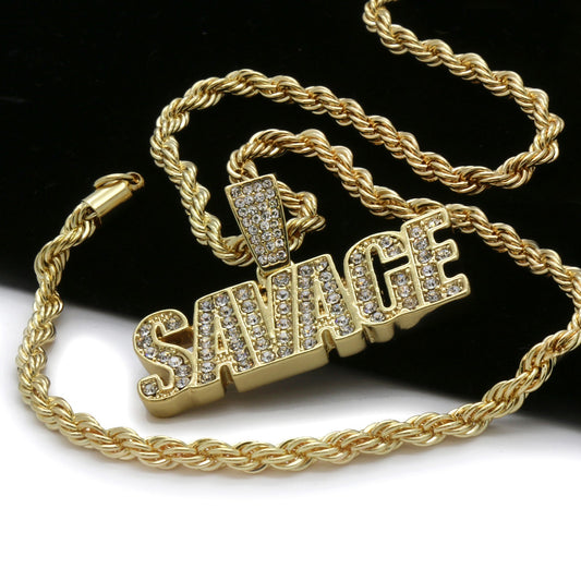 Men's 14k Gold Savage CZ Pendant 4mm Rope Chain Necklace