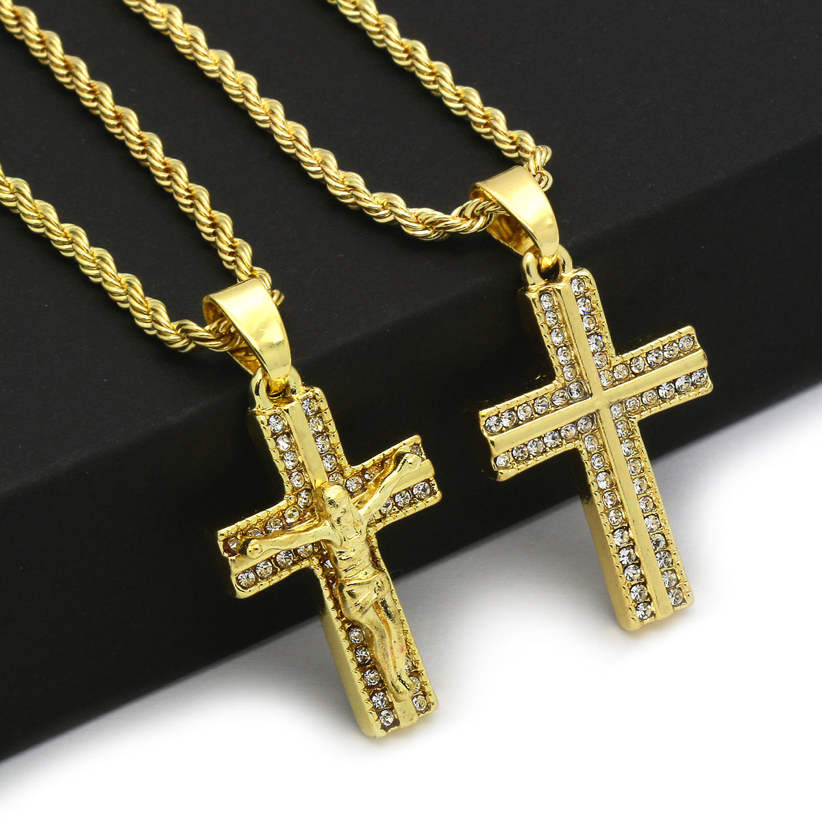 14k Gold 2 Pcs Combo of Cross Pendant CZ 24"/30" Rope Chain