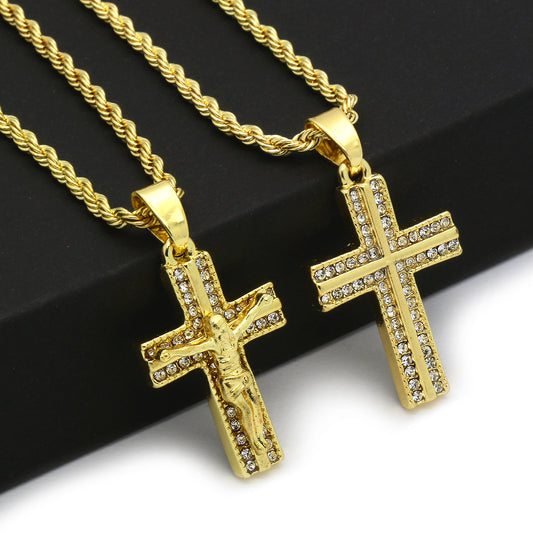 14k Gold 2 Pcs Combo of Cross Pendant CZ 24"/30" Rope Chain
