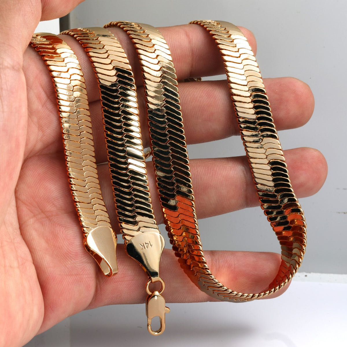 Herringbone Chain Flat Necklace 14k Gold 11mm 24" 30" 36"