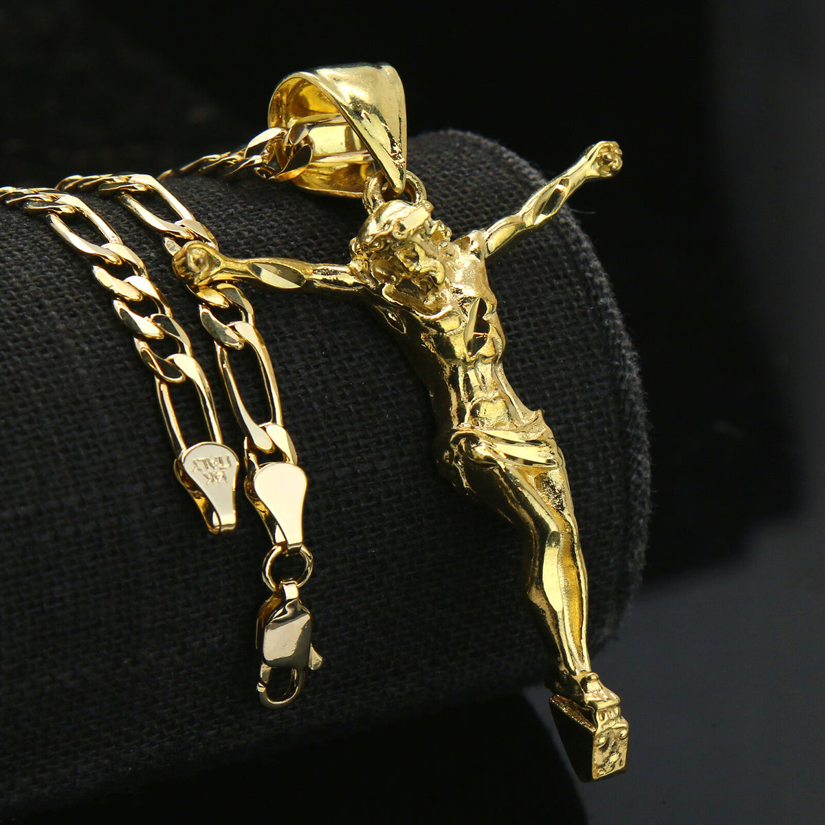 Jesus Crucifix 14k Gold Pendant 24" Figaro Necklace Choker Chain