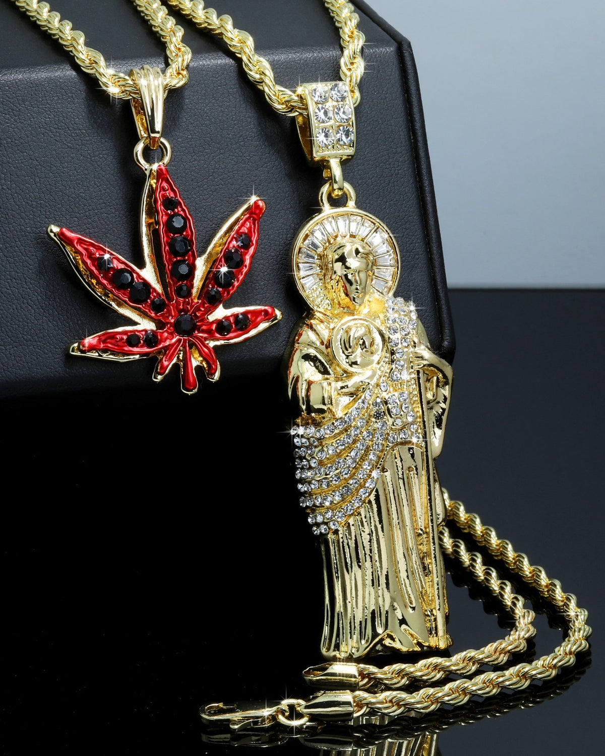 San Judas & Iced Red Marijuana Pendant CZ Gold 4mm Rope Chain