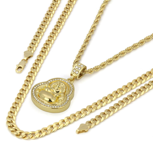 Men 14k Gold Buddha Pendant CZ 24" Rope & 30" Cuban Chain