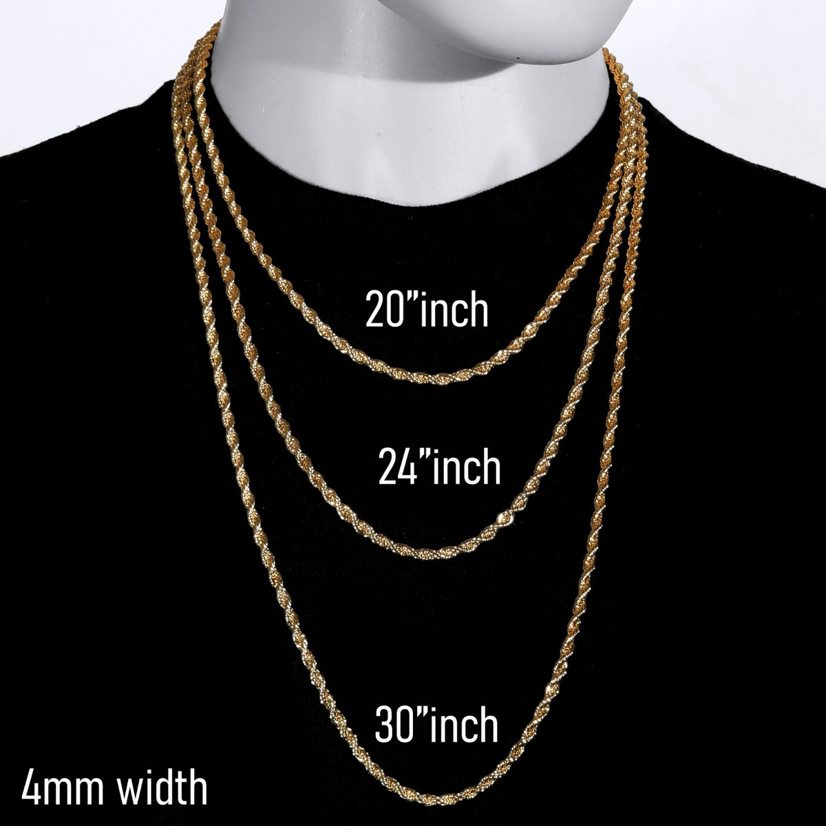 Men's Rope Chain Necklace 14k Gold 3mm 20-30" Women