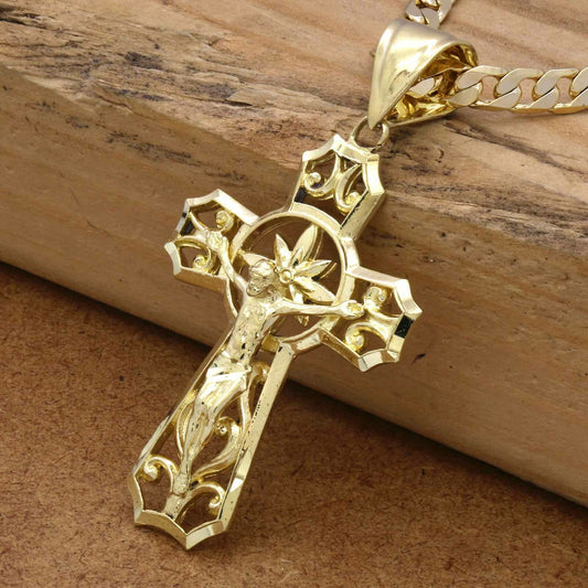 Men's 18k Gold Jesus Curve Cross Pendant 6mm 24" Cuban Chain