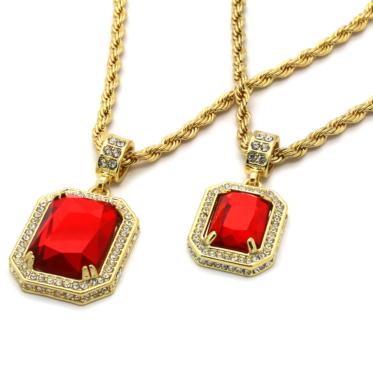 Men's 14k Gold 2 Pieces Stone Set CZ 30" & 24" Rope Chains