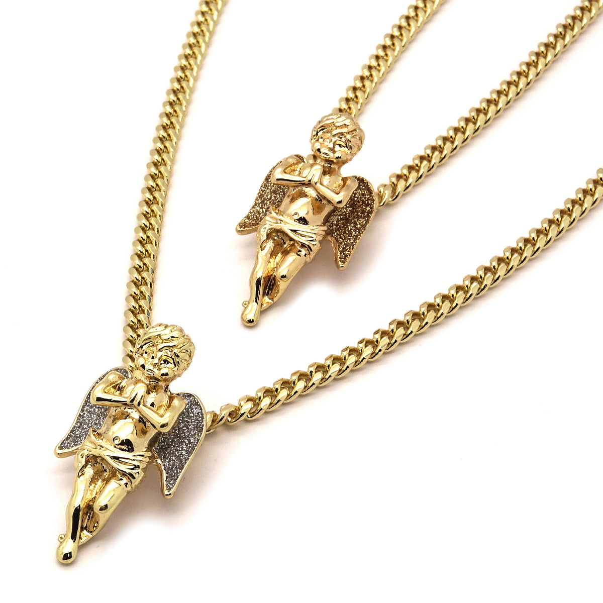 Men's 14k Gold High 2 Pcs Angels 3mm 30" & 24" Cuban Necklace
