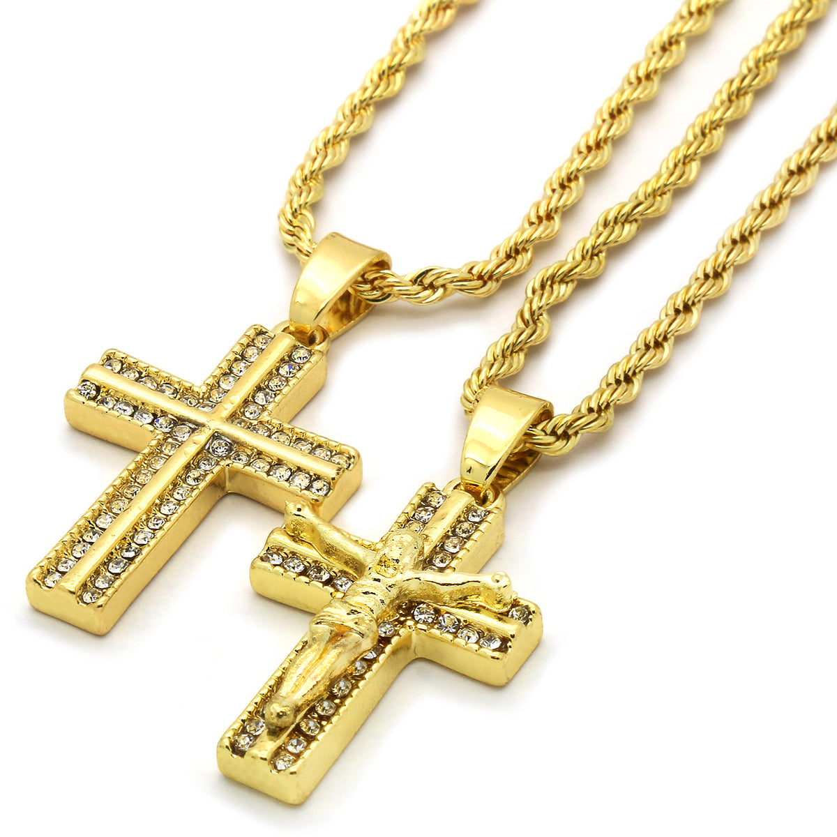14k Gold 2 Pcs Combo of Cross Pendant CZ 24"/30" Rope Chain