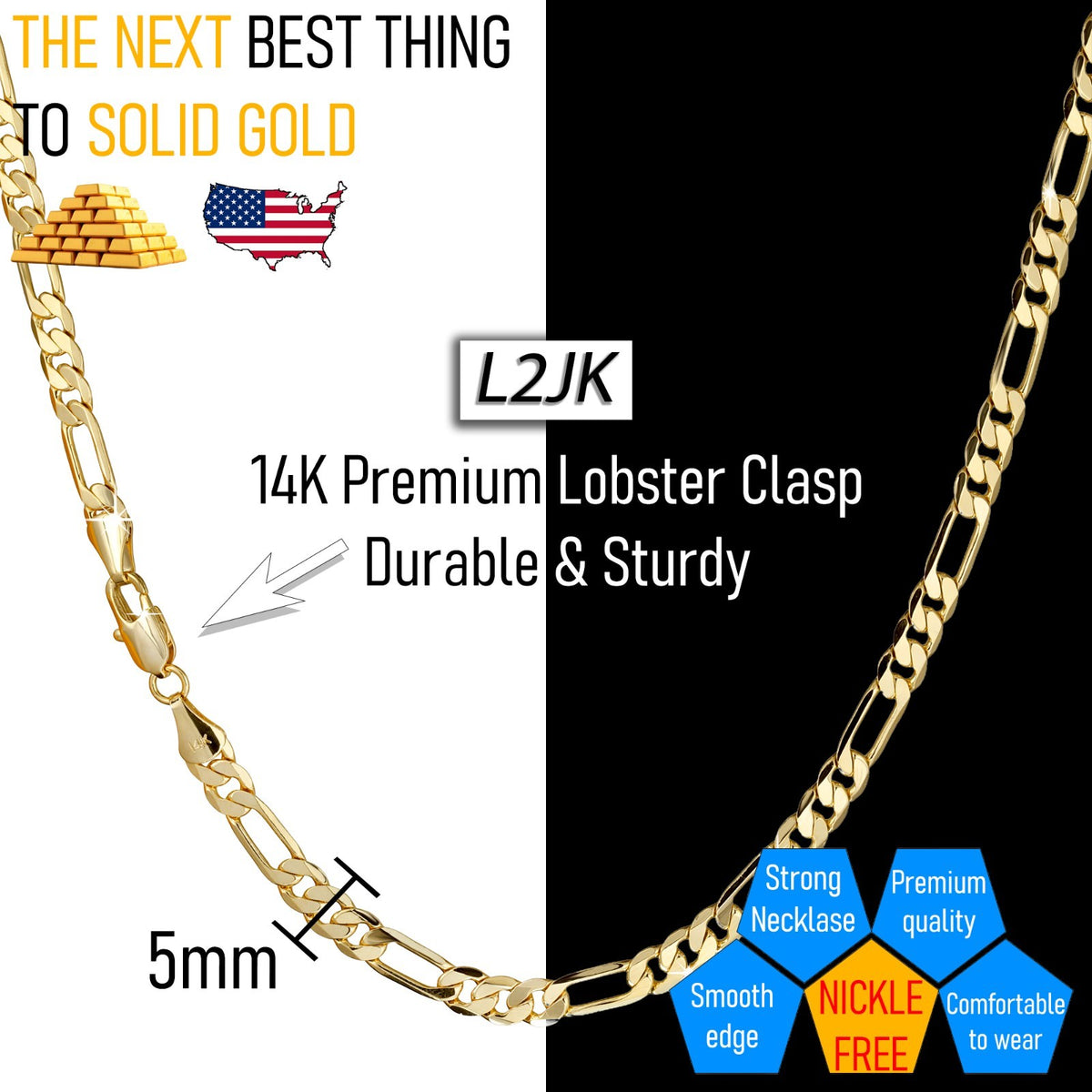Figaro Chain Necklace 14k Gold 5mm 24" for Men & Women