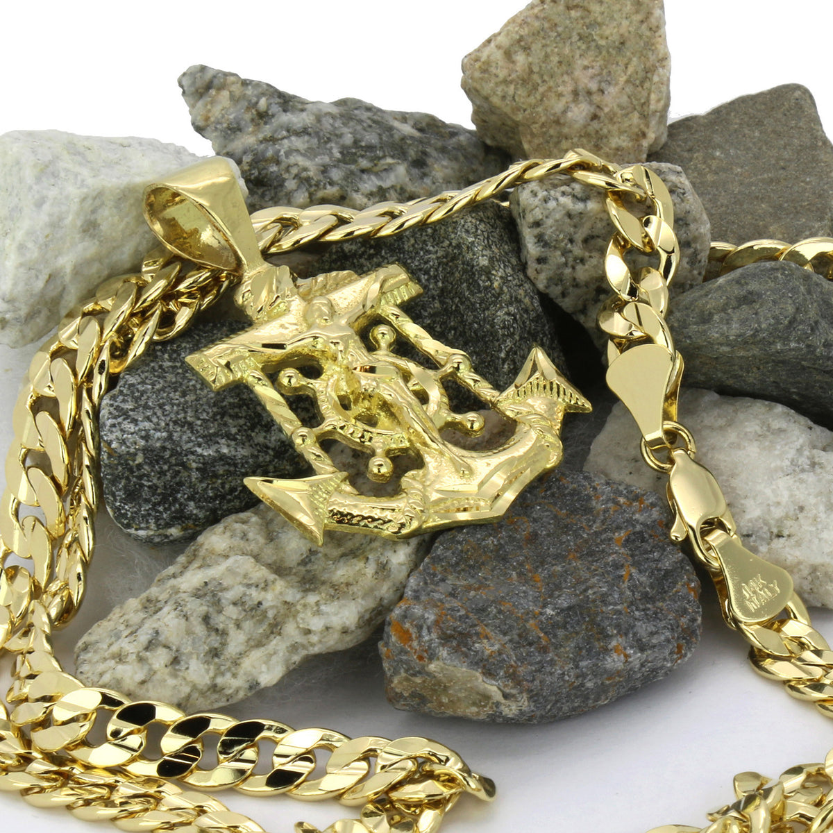 Men's 14k Gold Small Jesus Anchor Pendant 5mm 24" Cuban Necklace Chain
