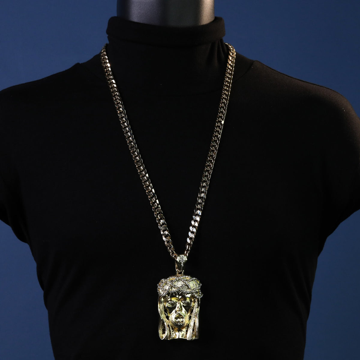 14k Gold 30" Cuban Chain Iced CZ Crowned Jesus Large Pendant