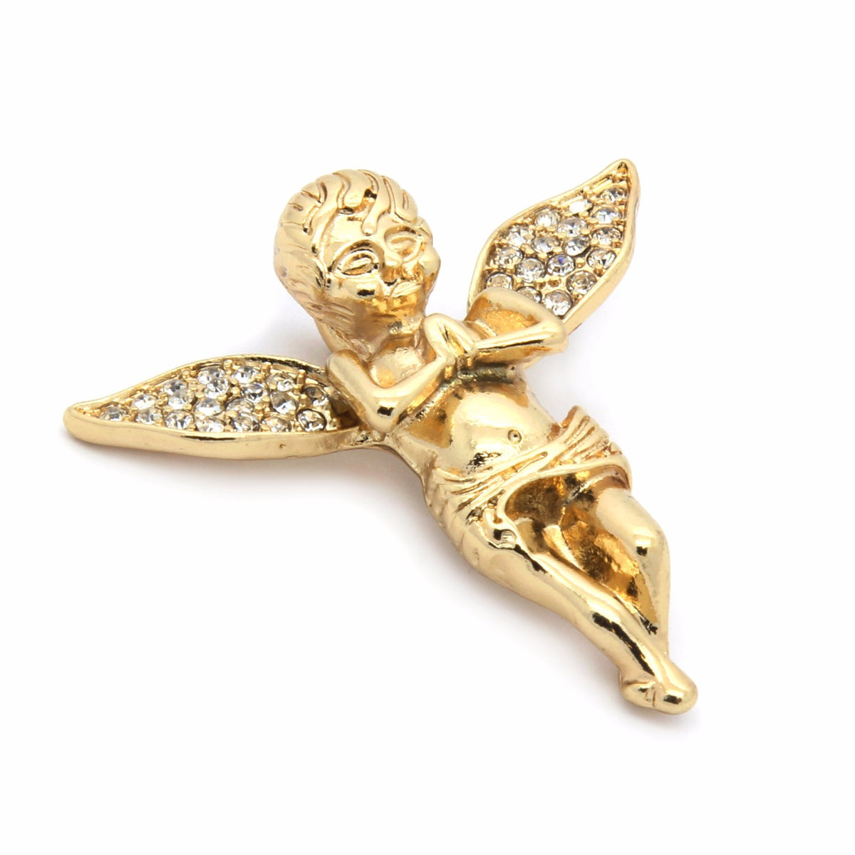 Men 14k Gold Long Wings Angel Pendant CZ 24" Rope Chain