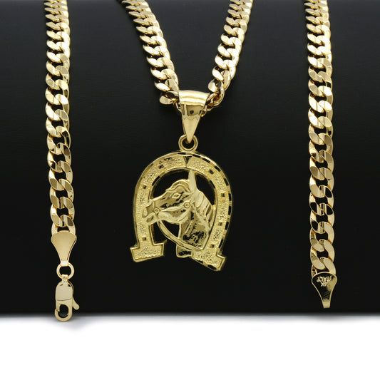 Men's 18k Gold Horseshoe Pendant 6mm Cuban Chain Necklace