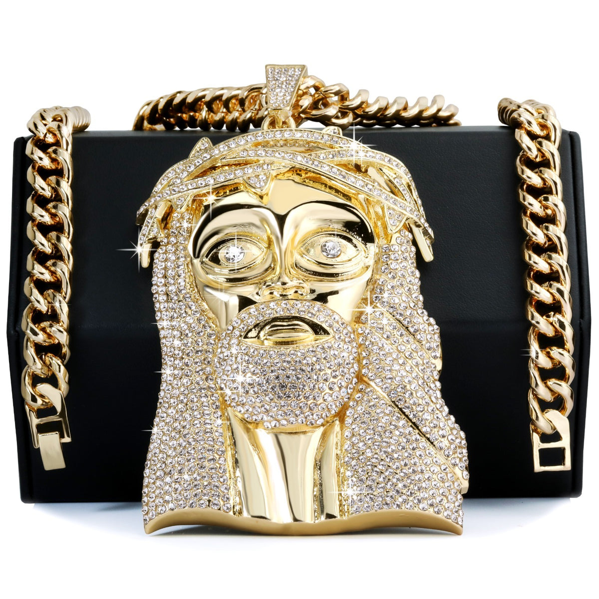 Miami Cuban Curb Chain Necklace 10mm 30In & Crowne Jesus Piece Gold