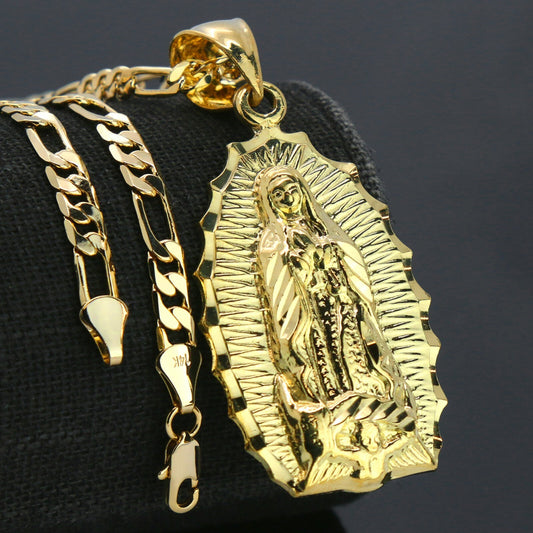 Our Lady of Guadalupe 14k Gold Pendant 18" Figaro Choker Chain