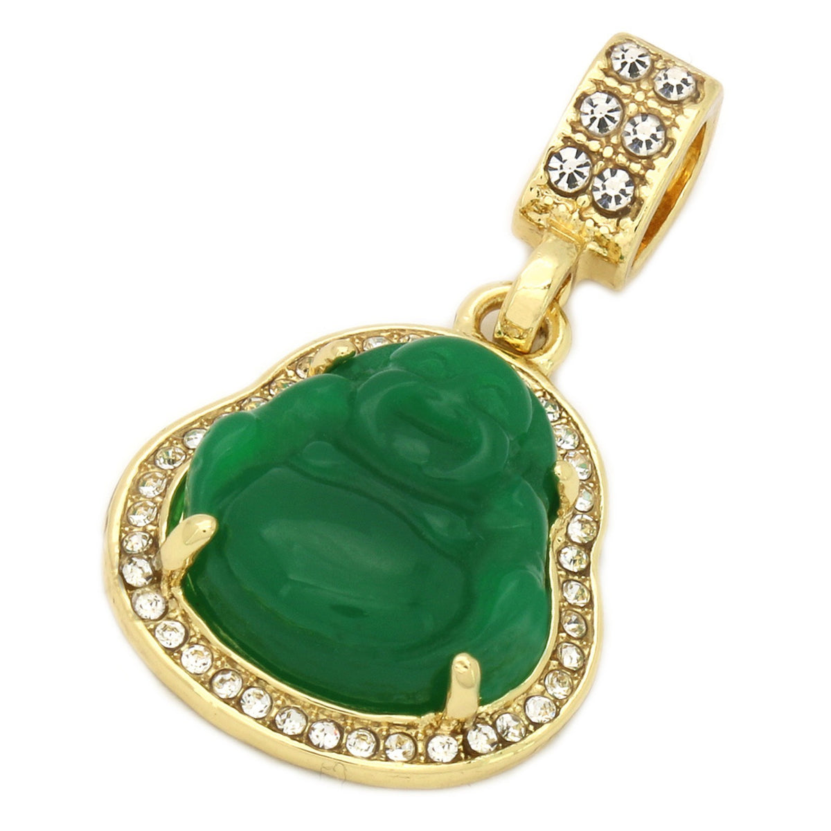 14k Gold Green Jade Buddha Pendant Iced CZ 24" Figaro Chain