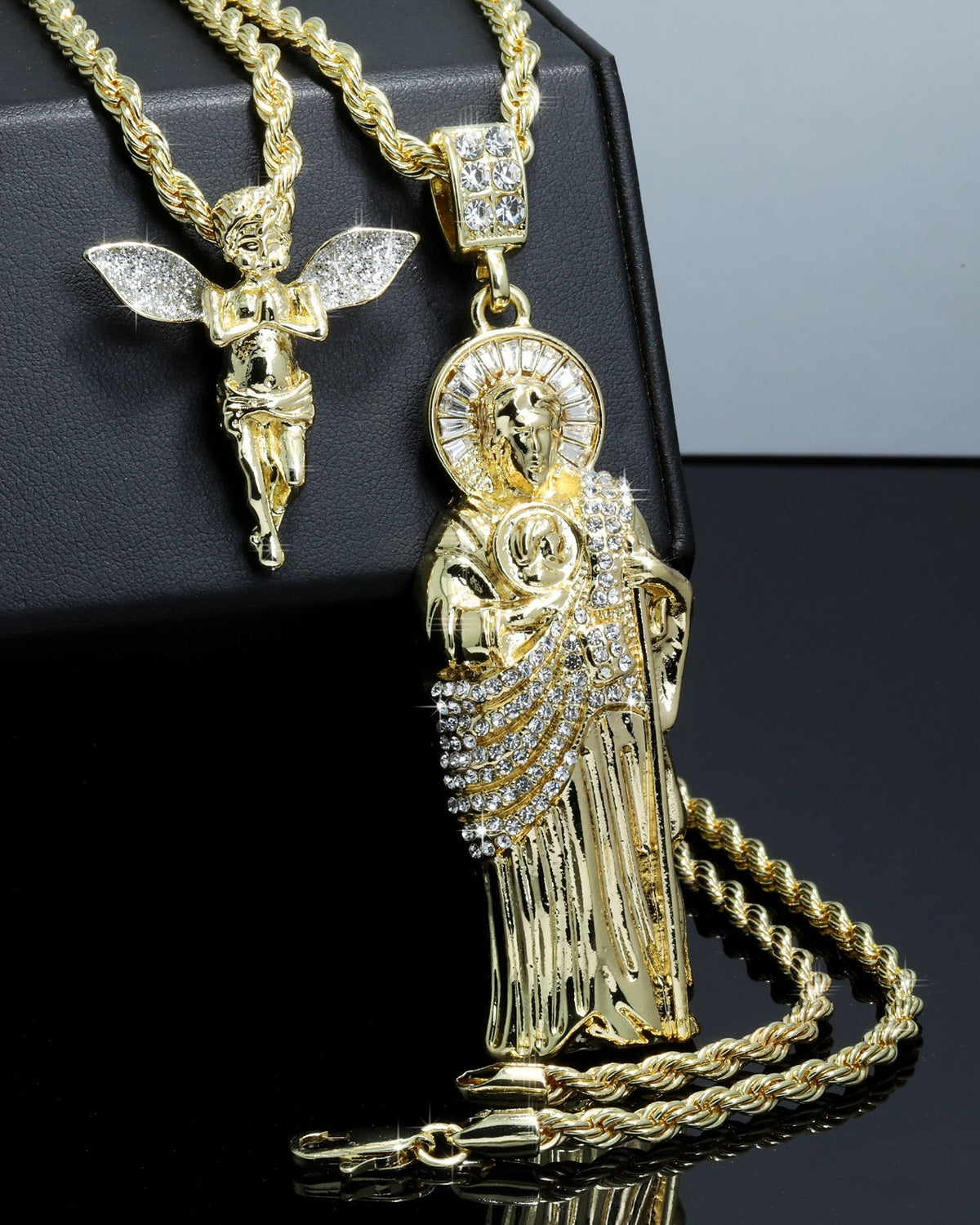 Iced San Judas & Angel Prayer Pendant CZ Gold 4mm Rope Chain