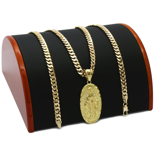 Men's 18k Gold Oval Guadalupe Pendant 5mm 24" Cuban Necklace Chain(h)