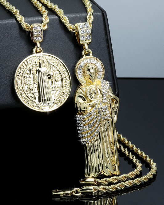 Iced San Judas & Saint Benedict Pendant CZ Gold 4mm Rope Chain