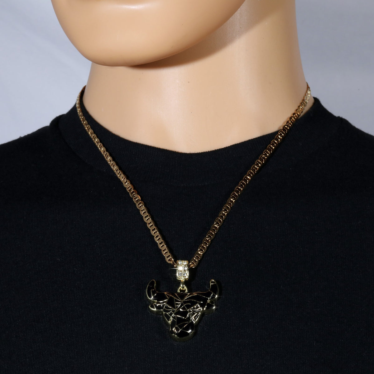 14k Gold Flat Mariner Chain Necklace 20" Bull Taurus Black Marble Gold