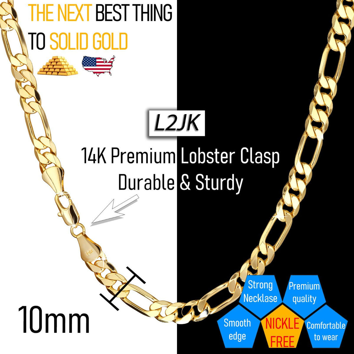 Italy Figaro Chain Link 14k Gold 10mm 24" for Men & Women