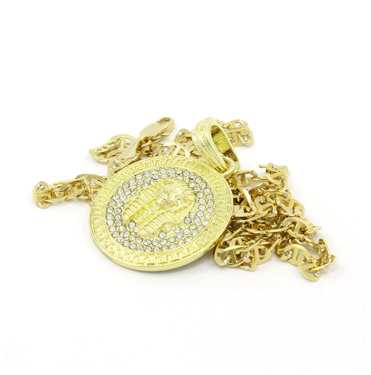 Men's Medallion Pharaoh Gold CZ 24" Gucci Chain Pendant