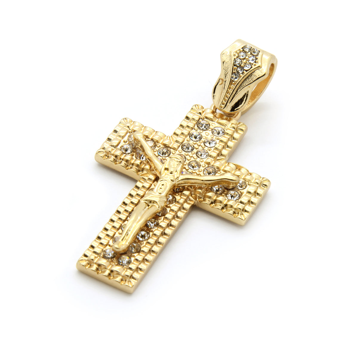 14k Gold Jesus Cross Pendant CZ 24" Cuban Chain