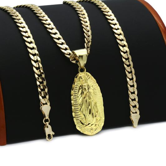 18k Gold Guadalupe Pendant 6mm 24" Cuban Chain Necklace