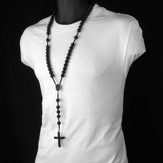 Men's 15mm Matte Black Beads Guadalupe Rosary & Jesus Cross Necklace