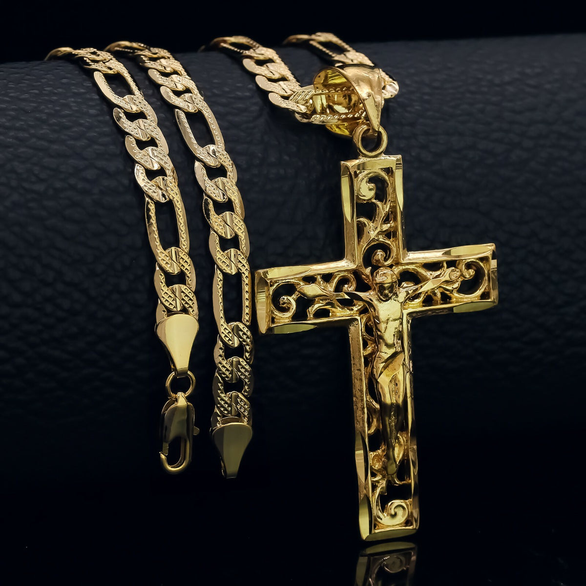 Hollow Cross Jesus Pendant Gold 24" Figaro Chain Necklace