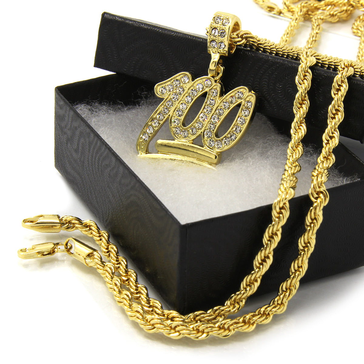 Men's 14k Gold Emoji 100 Pendant CZ 24" Rope Chain