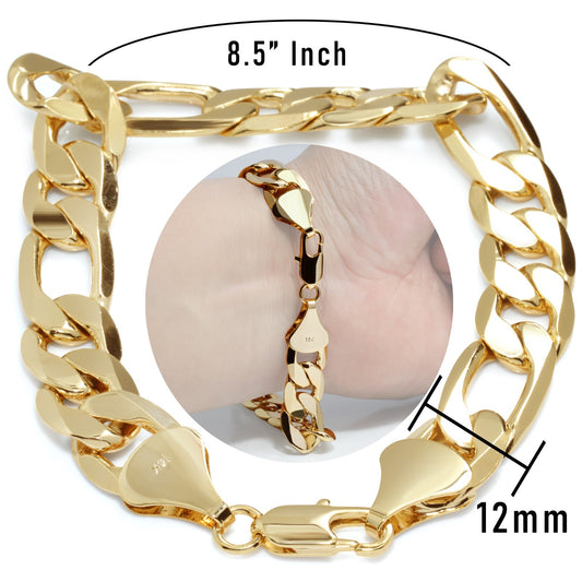 Figaro Link Chain Bracelet 12mm 8.5" 14k Gold Men's