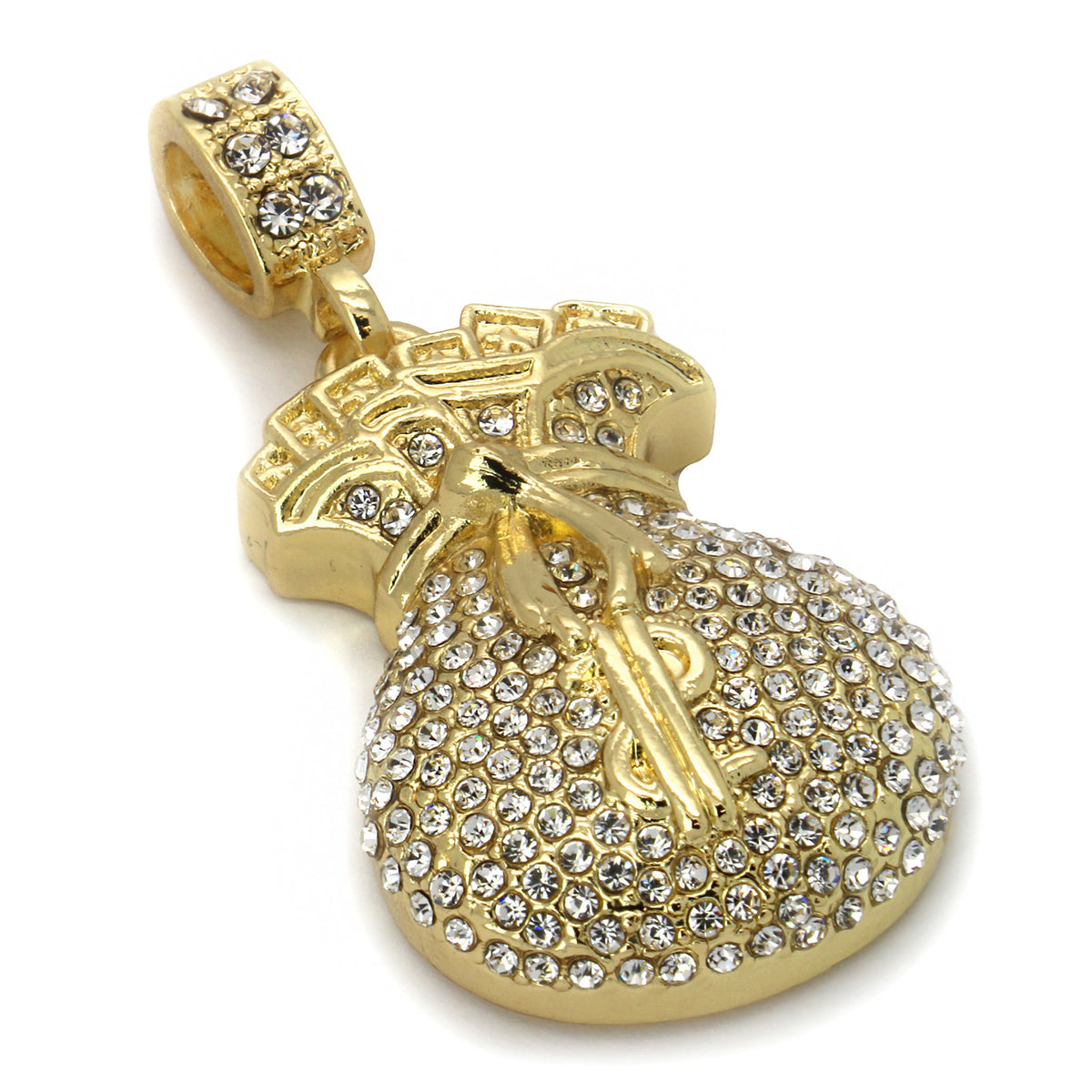 14k Gold Cash Money Bag $ CZ Pendant Cuban Chain