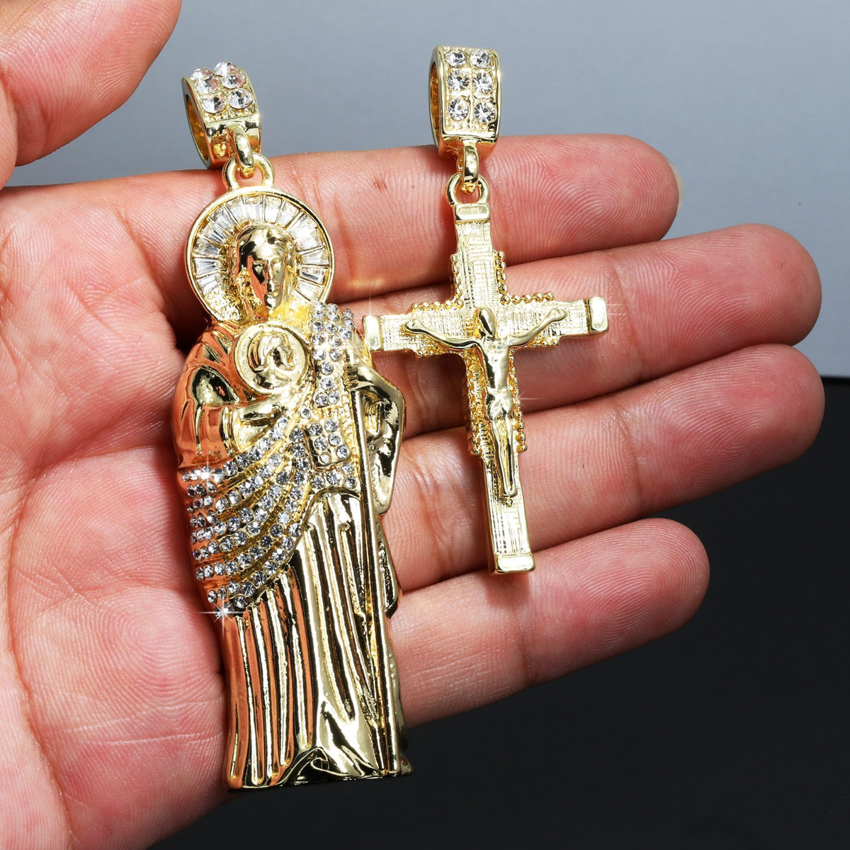 San Judas & Staple Jesus Cross Iced CZ Gold 4mm Rope Chain