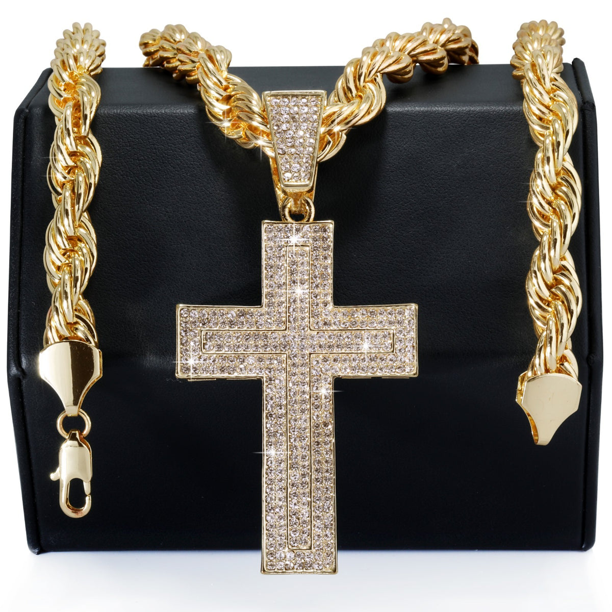 14k Rope Chain 10mm 20" & 24"In Large Curved Cross Gold Style