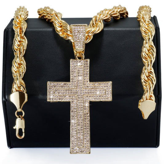 14k Rope Chain 10mm 20" & 24"In Large Curved Cross Gold Style