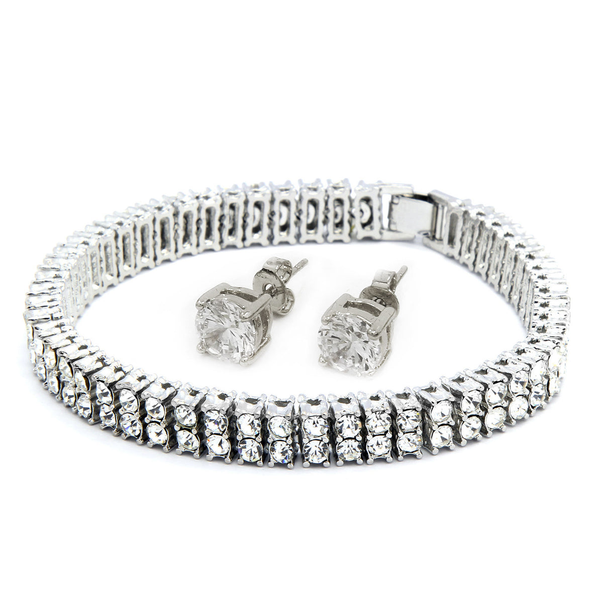 Men's Silver Clear CZ Stones 2 Row Bracelet 8"