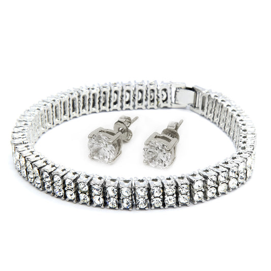Men's Silver Clear CZ Stones 2 Row Bracelet 8"