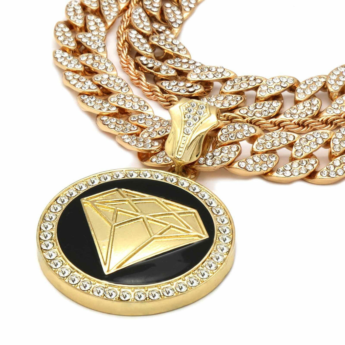 14k Gold D-shape Pendant CZ 20", 24" Cuban + 24 Rope Chain)