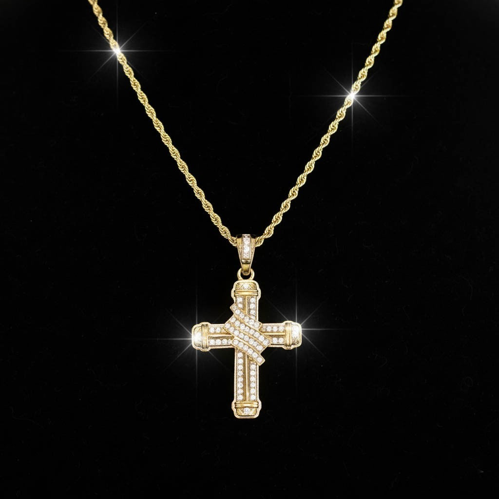 Stylized Draped Ribbon Design Cross Pendant CZ 14k Gold Rope