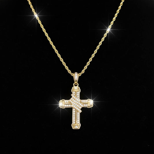 Stylized Draped Ribbon Design Cross Pendant CZ 14k Gold Rope