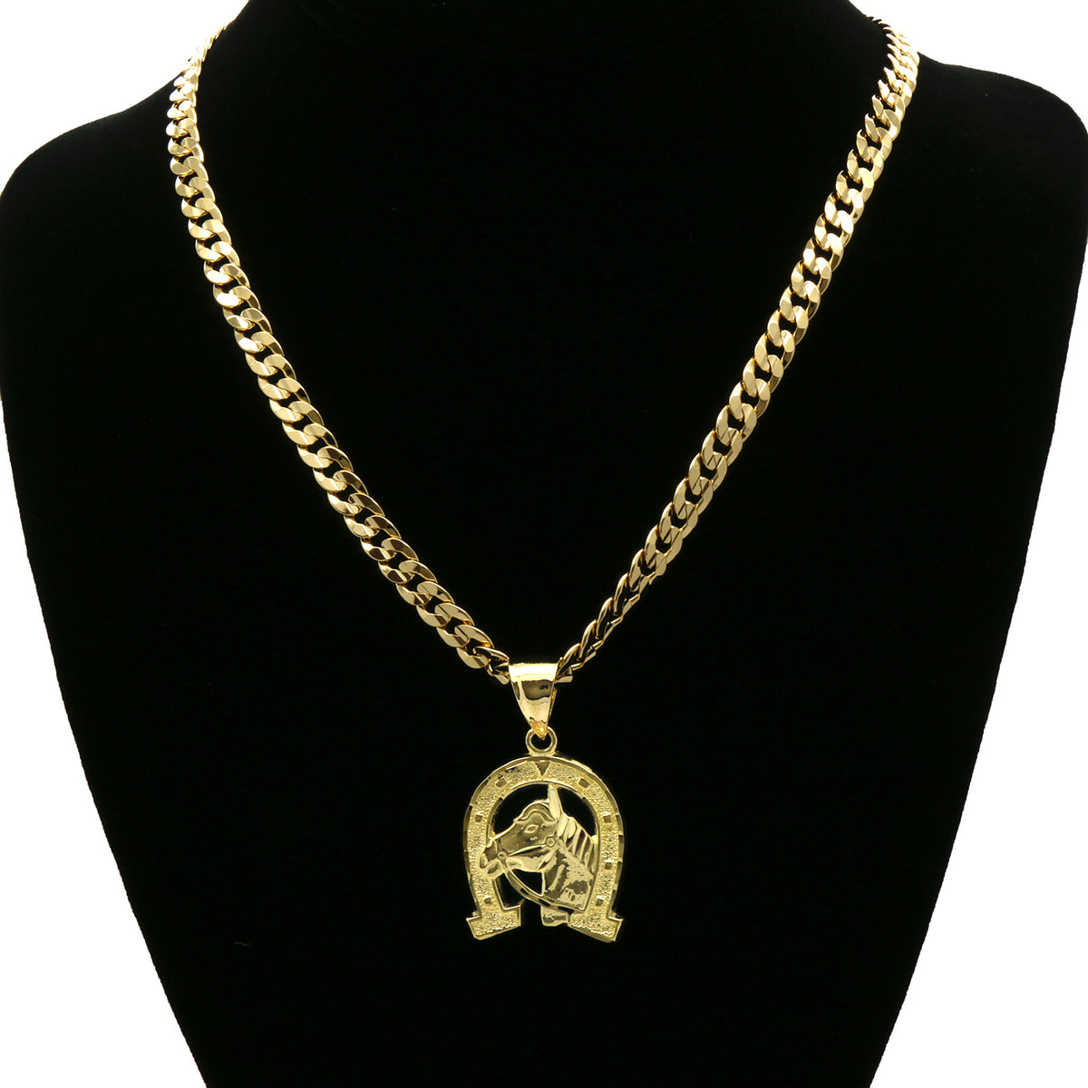 Men's 18k Gold Horseshoe Pendant 6mm Cuban Chain Necklace